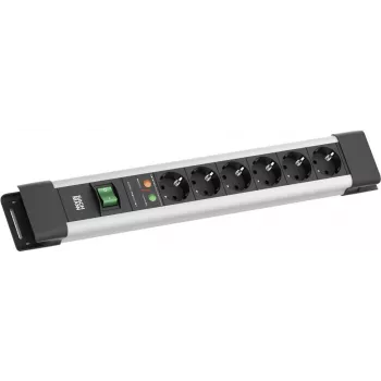 Power strip Bachmann CONNECTUS with 6x CEE7/3 sockets, 1x SPD surge protector, 1x switch, 2.0 m cable, CEE7/7 plug, grey