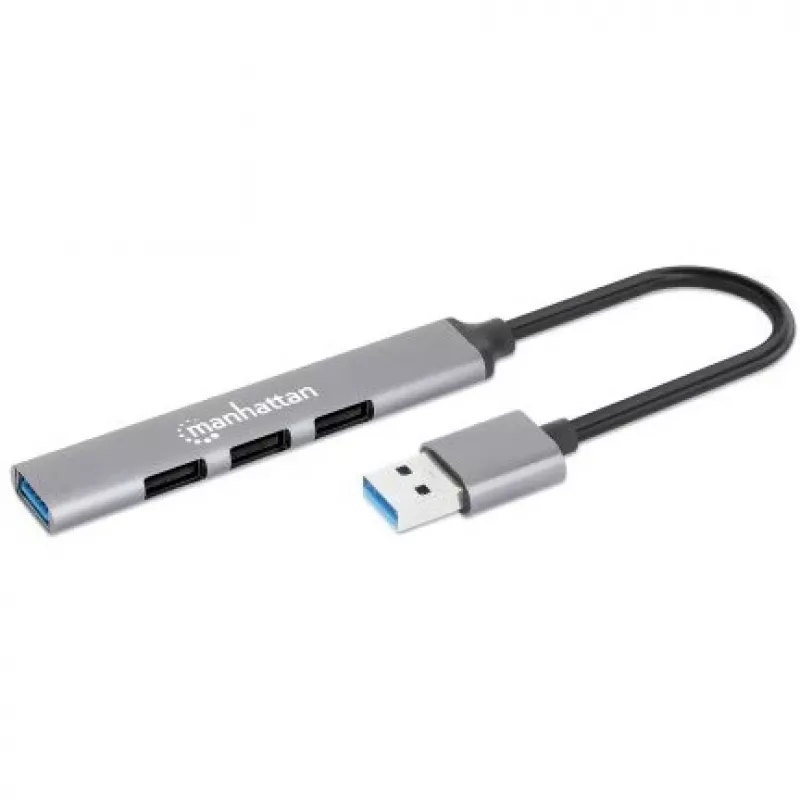 Manhattan USB-A 4-Port Hub, 4x USB-A Ports (1x 5 Gbps USB 3.2 Gen1 aka USB 3.0, 3 x 480 Mbps USB 2.0), USB powered (no external power supply required), Aluminium
