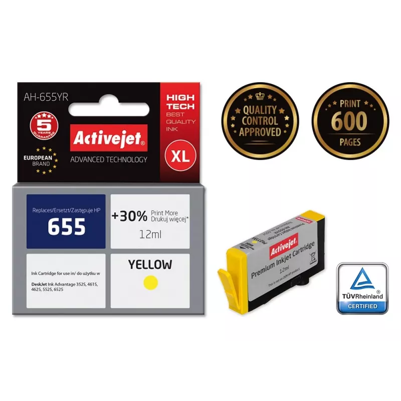 Activejet AH-655YR Ink (replacement for HP 655 CZ112AE; Premium; 12 ml; yellow)