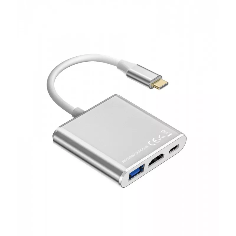 USB C Adapter Hub TB AKTBXVAU3HMPDAV — 3-in-1: HDMI + USB-A + USB-C PD, Silver