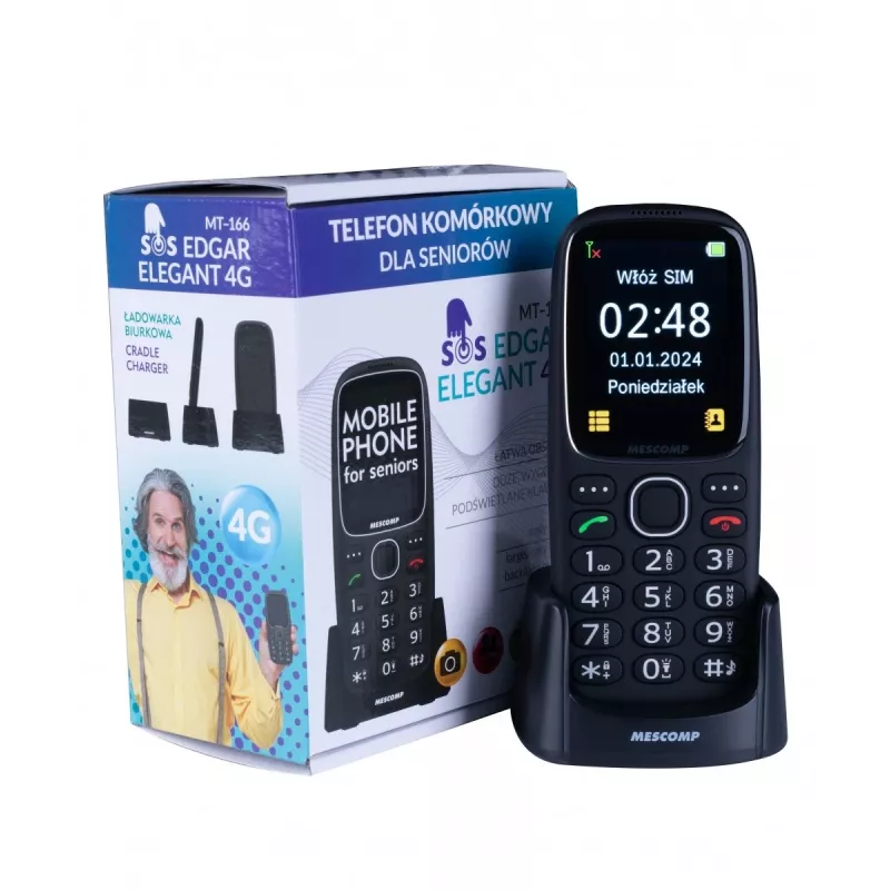 Mobile Phone Mescomp MT-166 Edgar, Elegant, for seniors, 4G, Black