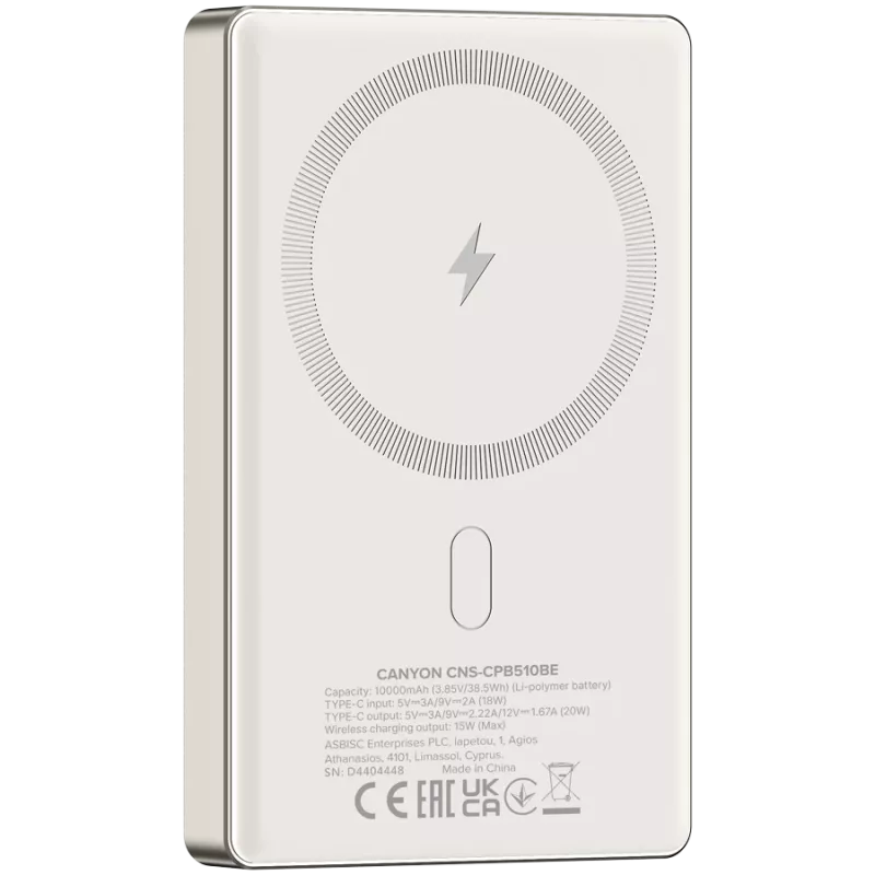 Canyon OnCharge 510 - Powerbank - 10.000 mAh - in USB-C - out USB-C PD 20W + Wireless Magnet