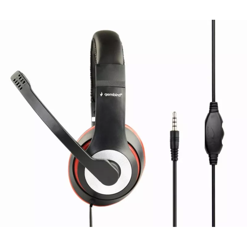 Wired gaming headset GEMBIRD MHS-03-BKRD — binaural, circumaural, 3.5 mm, 1.8 m cable, red/black