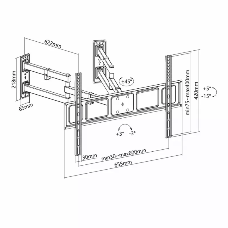 Wall TV mount ART AR-85 for 32–70 inch TVs, up to 45 kg, tilt -15–5°, swivel 45°, 118–622 mm extension, VESA 75x75–600x400
