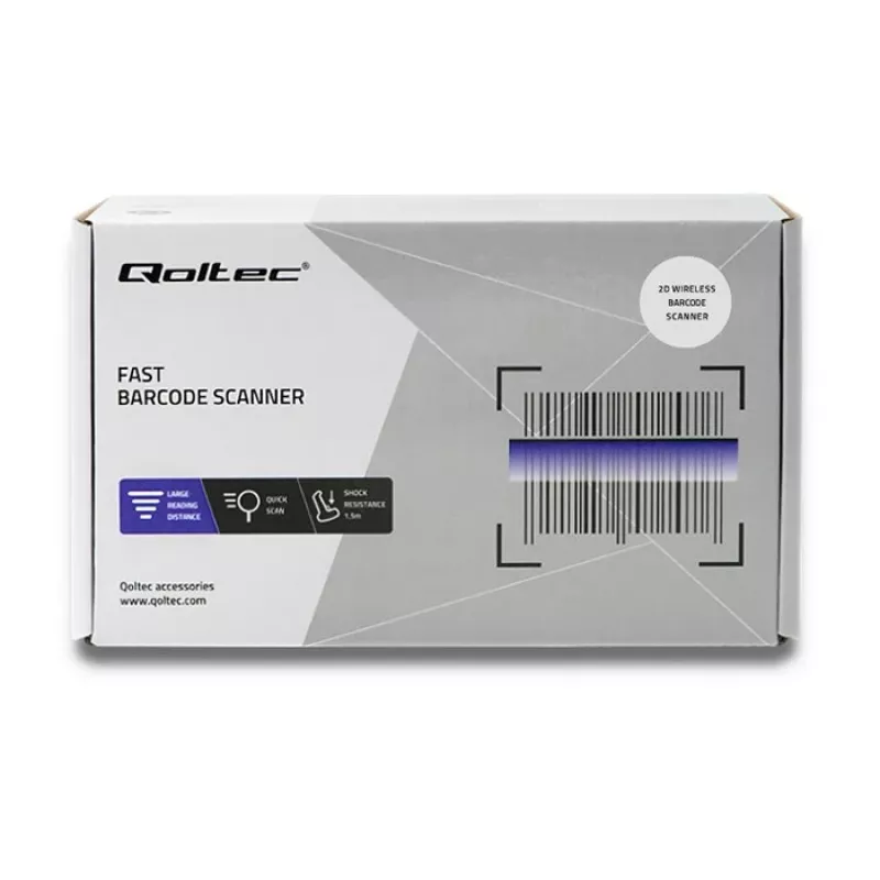 Handheld barcode reader QOLTEC 50868 — 1D/2D laser scanner, USB wired & wireless, working distance 600 mm, black