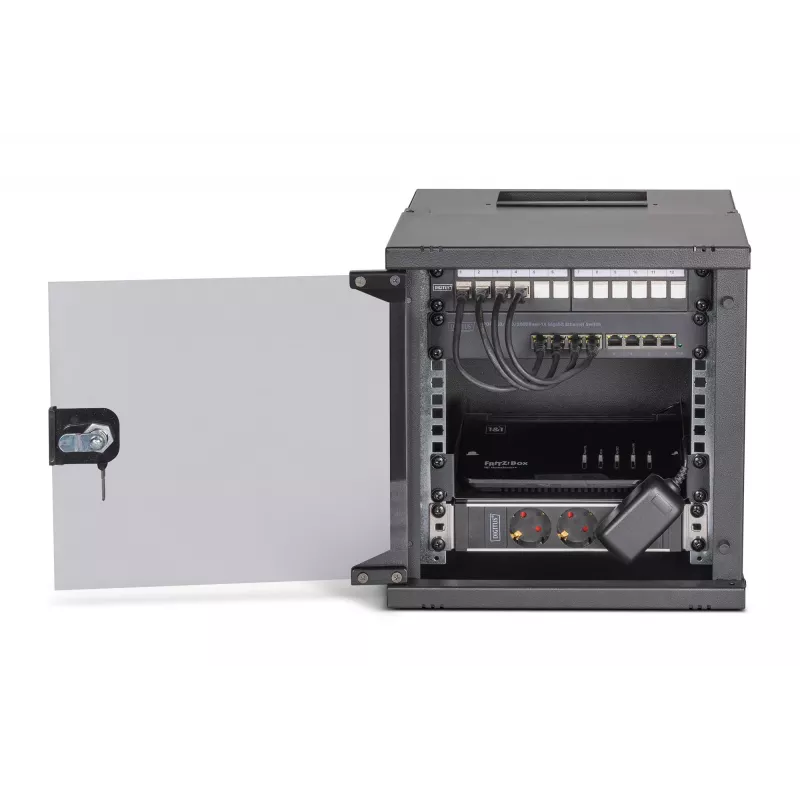 DIGITUS SOHO PRO 6U 10 inch Wall-Mount Network Cabinet Set with 8-Port Gigabit Switch, 12-Port Cat 6A Patch Panel, Shelf, Power Strip and 10 Patch Cables