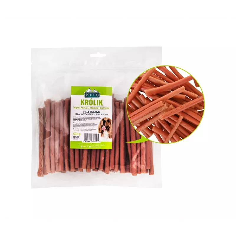 Dog treats PETITTO Soft rabbit fingers — rabbit-flavored soft chew sticks for dogs, 500 g, training treat, adult, soy‑free, gluten‑free