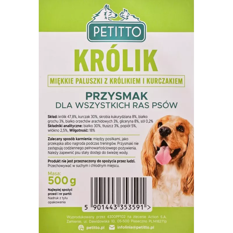 Dog treats PETITTO Soft rabbit fingers — rabbit-flavored soft chew sticks for dogs, 500 g, training treat, adult, soy‑free, gluten‑free
