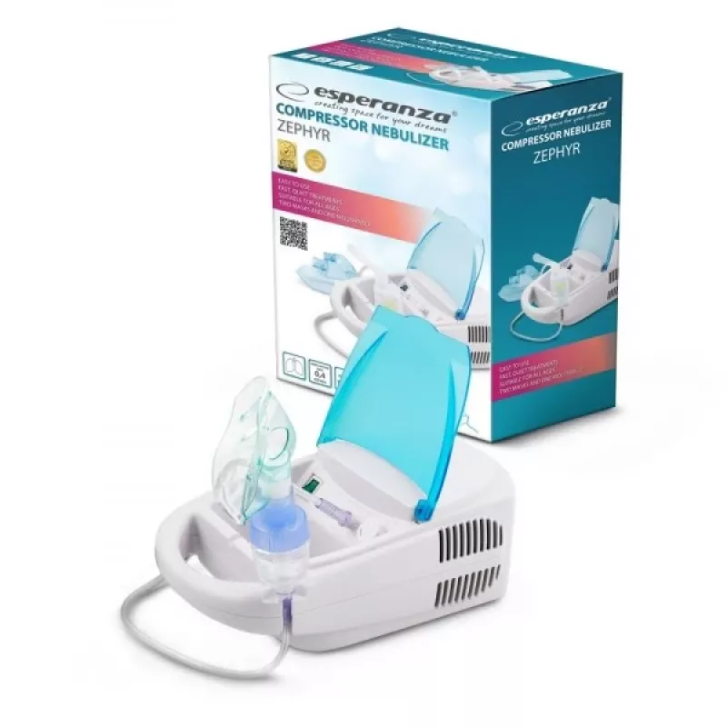 Tabletop mesh nebulizer ESPERANZA ECN002 — 0.4 ml/min nebulisation, 10 ml capacity, adult & child masks, mouthpiece, 220 V