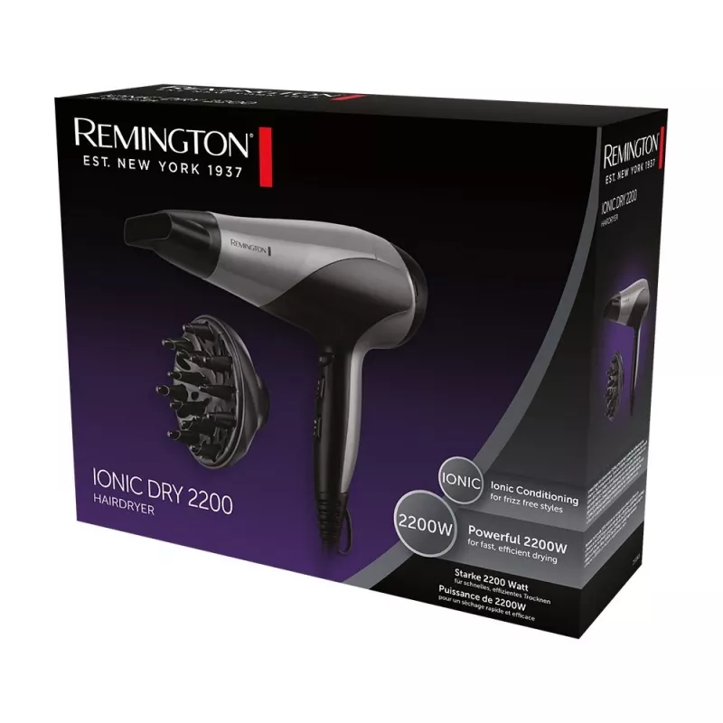 Hair dryer Remington D3190S — 2200 W, ionic, 3 heat levels, 2 speeds, cool shot, diffuser & concentrator (Silver/Black)