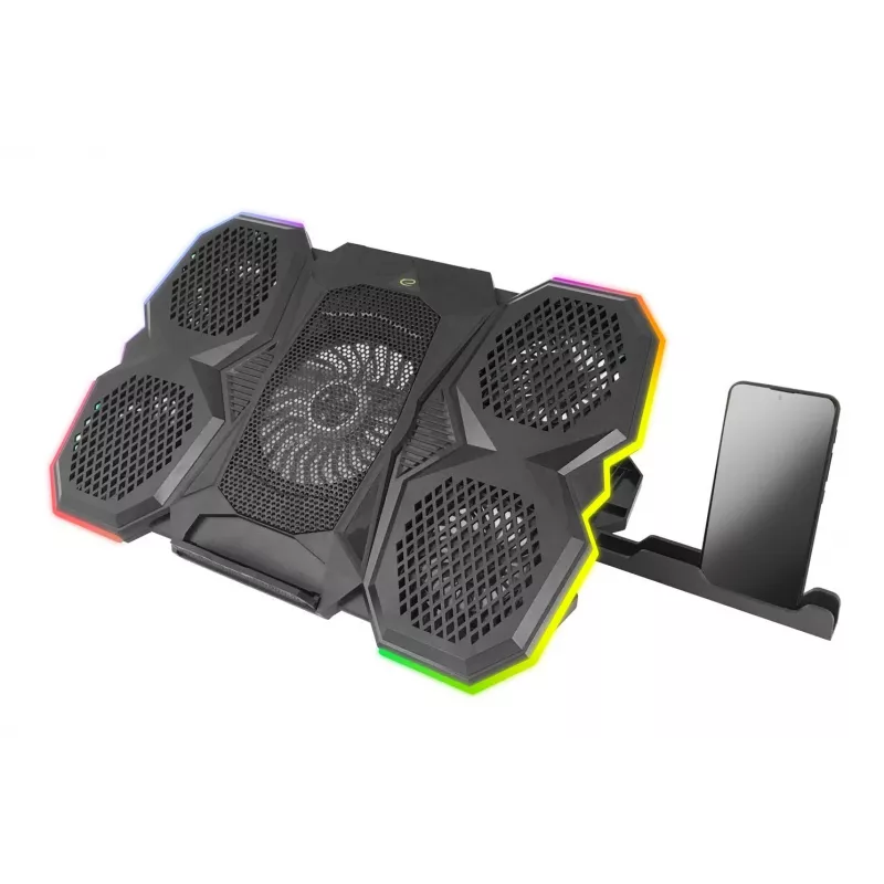 Laptop cooling pad ESPERANZA EGC107 — 3 fans 1200–2600 RPM, 390×255×38 mm, USB PD, RGB, 5 height positions, black