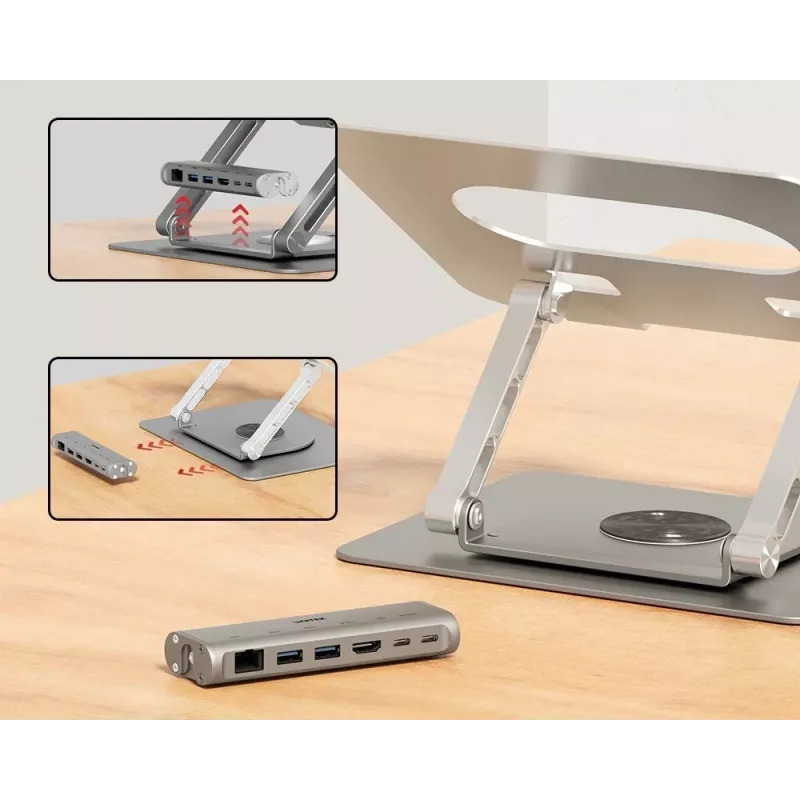 Laptop stand Unitek D1109B01 — aluminium adjustable stand with detachable USB‑C HDMI 4K PD 100W, 2x USB‑A, RJ‑45, for up to 17 inch