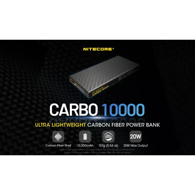 Portable power bank Nitecore CARBO 10000 — Lithium‑Ion 10000 mAh, 38 W PD, USB‑A + USB‑C, grey