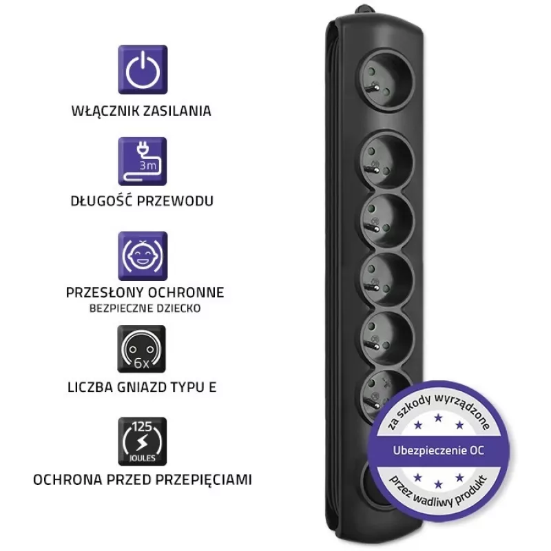Surge Protector Qoltec 50112 Black 6 AC outlets 230V 3m