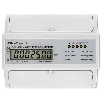Qoltec Three Phase Bi-Directional Electronic Meter | DIN rail energy consumption meter | 400V | 100A | LCD | 4P