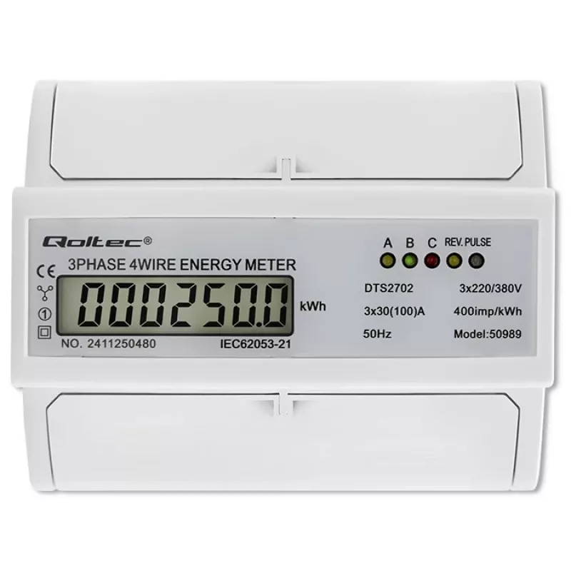 Qoltec Three Phase Bi-Directional Electronic Meter | DIN rail energy consumption meter | 400V | 100A | LCD | 4P