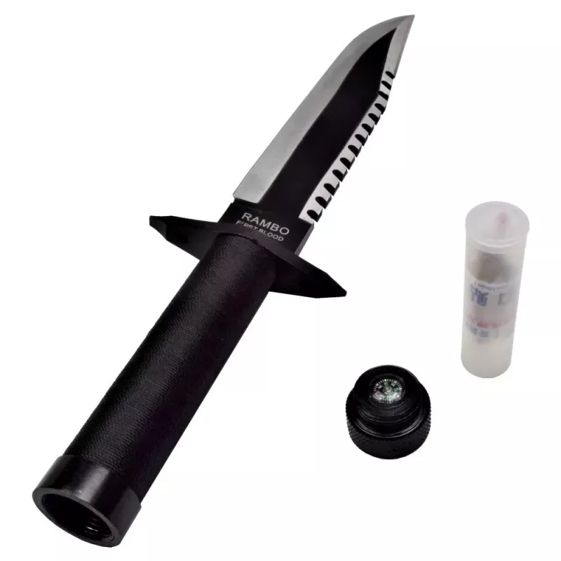 Fixed-blade survival knife cinema classic Rambo I CC-H1 — 360 mm overall, 225 mm serrated steel blade, black leather scabbard