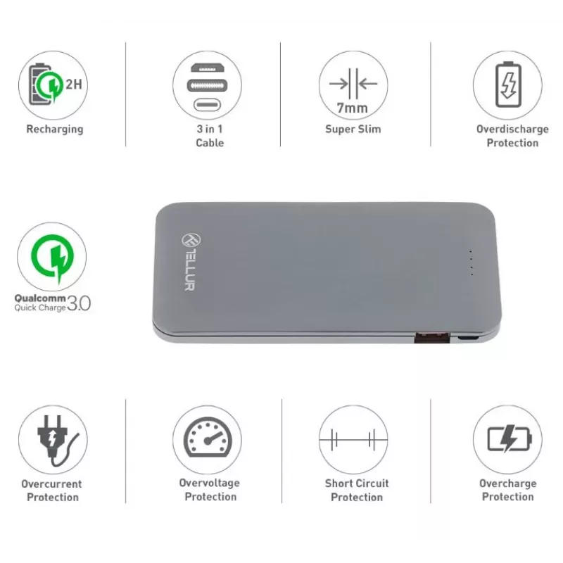 Portable Power Bank Tellur QC 3.0 Fast Charge, 5000mAh