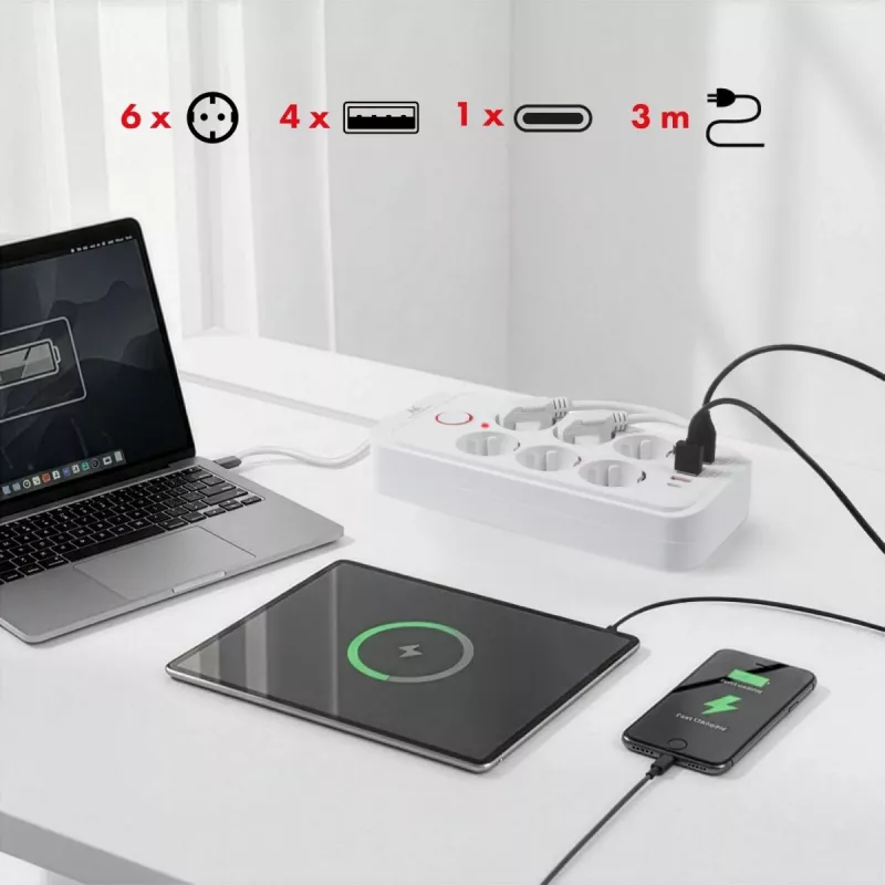 Power strip MACLEAN MCE391 W — 6 sockets, 4×USB-A + 1×USB-C, 3 m cable, 110–240V, 2500W, white
