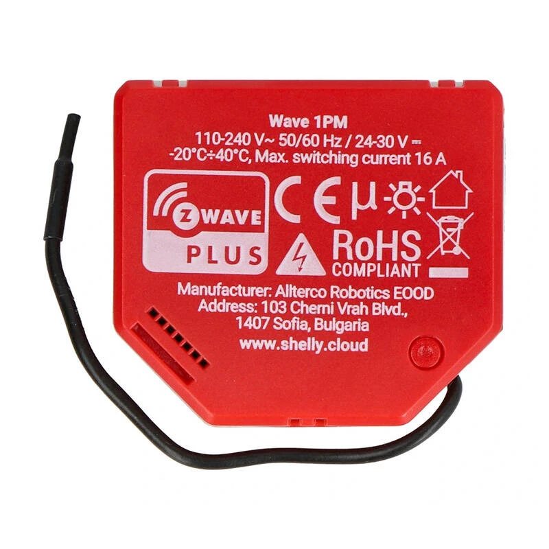 Smart switch Shelly W 1PM Plastic 16A 110–240V, Z‑Wave, 868.4 MHz, red, 42×37×16 mm