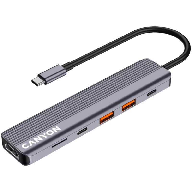 USB Type-C hub CANYON DS-17 — HDMI, USB 3.2 Gen 1 A, USB-C, MicroSD, 10000 Mbit/s, grey