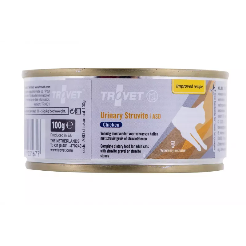 Wet cat food TROVET 100 g Chicken — veterinary diet for adult cats, protein 9.2%, fat 5.5%, moisture 76%, supports urinary and renal health