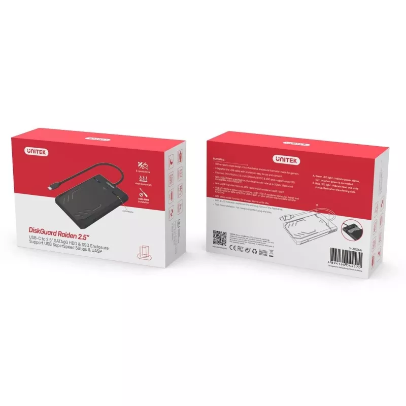 Unitek Y-3036A - DiskGuard Raiden 2.5 USB-C to SATA III 2.5” HDD/SSD Hard Disk Enclosure