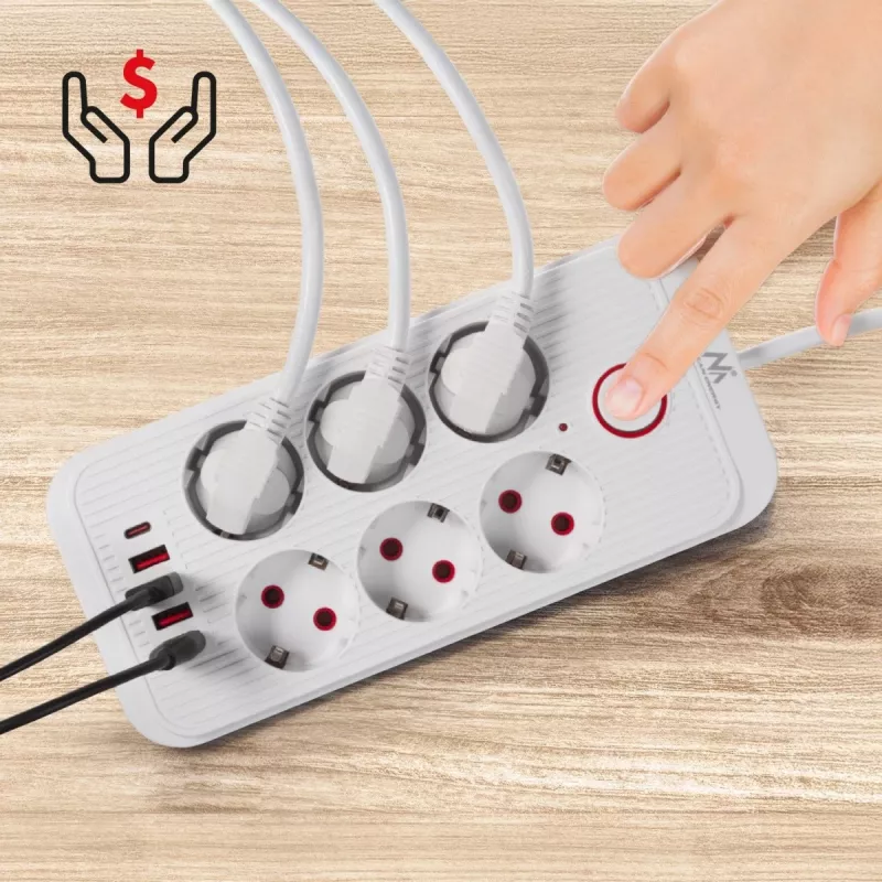 Power strip MACLEAN MCE389 W — 6 sockets, 4×USB-A, 1×USB-C, 2500W, 110–240V, 1.5 m cable, white