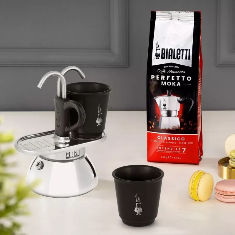Bialetti Mini Express Induction Moka Pot Set 7310, 2 Cups with 2 Glasses