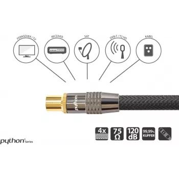 SAT Antenna Cable, IEC/Koax Plug an Socket Gold-Plated, Shielding Rating 120 db, 75 Ohm, Nylon Braiding black, 1m, PYTHON® Series (GC-M2011)
