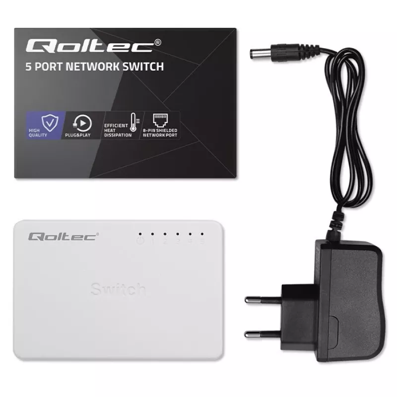 Network switch QOLTEC 52247 5 x RJ45 ports 1000Mbps Gigabit unmanaged