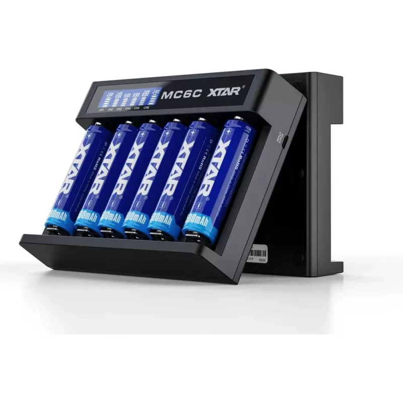 Battery charger XTAR MC6C multi-slot smart charger for cylindrical Li‑ion cells, 6‑bay, supports 18650/21700/AA, 5V input, black