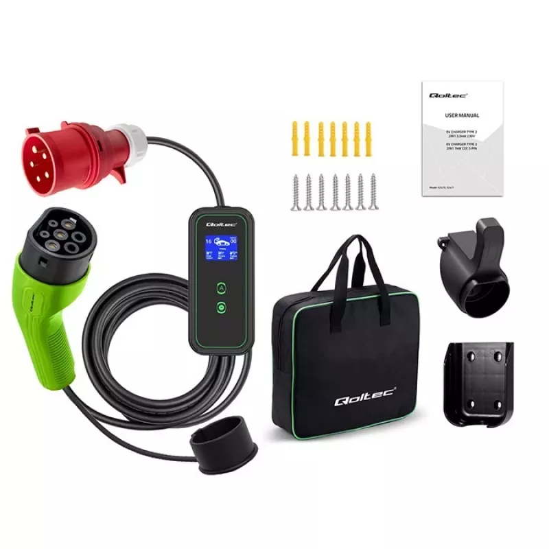 Qoltec Mobile EV Car Charger Adjustable 2in1 Type2 | 7kW | 230V | CEE 3 PIN | Wi-fi| LCD | Portable | Wallbox | 5m