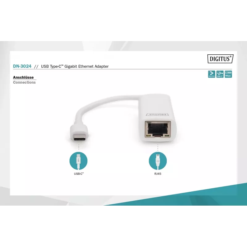 Digitus DN-3024 USB 3.0 Adapter 20 cm 1x USB-C to 1x RJ45 Shielded