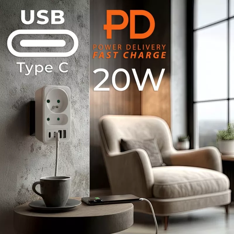 Power splitter MACLEAN MCE249 F/W — 2x mains sockets (16A + 6A) and 4x USB (2x A, 2x C PD 20W)