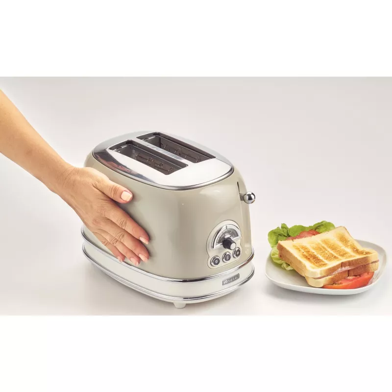 Ariete 155 Design 2 Slice Toaster with Sandwich Cages, 6 Toasting Levels, 810 W, Stainless Steel Body, Removable Crumb Tray, Pastel beige