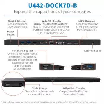 USB-C Dock, Triple Display - 4K HDMI & DP, VGA, USB 3.2 Gen 1, USB-A/C Hub, GbE, 100W PD Charging