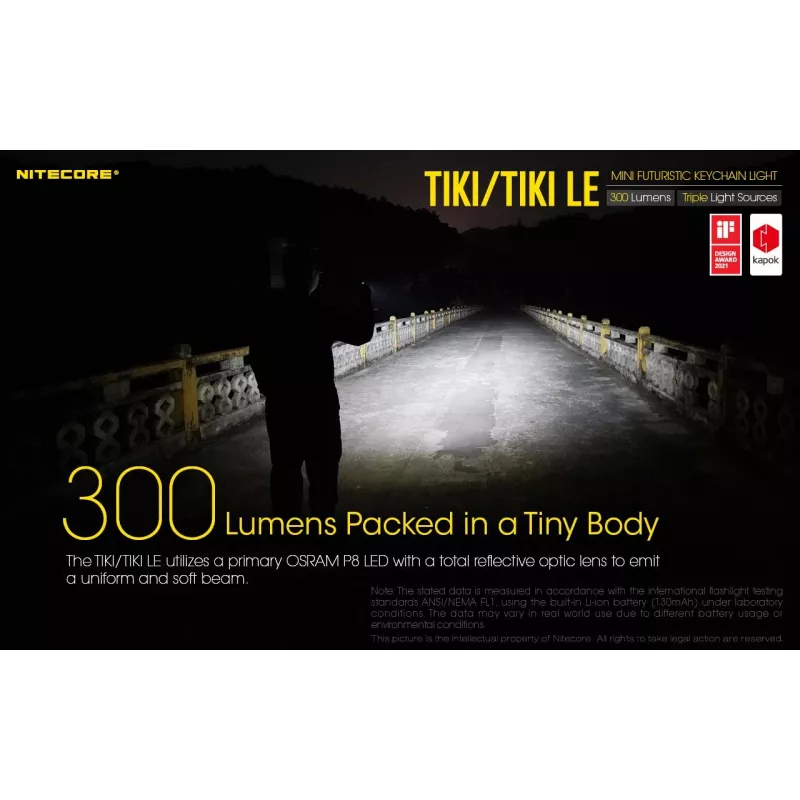 Hand flashlight Nitecore TIKI LE — 300 lm, USB-rechargeable, polycarbonate, IP66, shockproof, 10.5 g, 55 mm, Black