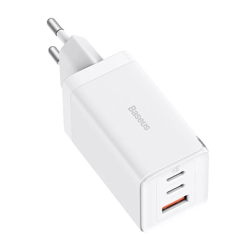 Wall charger Baseus GaN5 Pro 65W — USB + 2×USB-C (QC3.0, PD3.0) with 1m USB-C cable, white