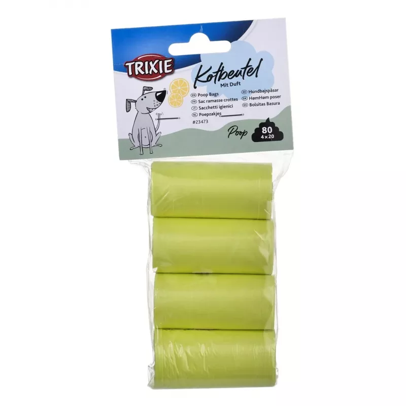 Poop bags Trixie Lemon Scented M — 20 pcs per roll, 4 rolls (80 bags), yellow plastic