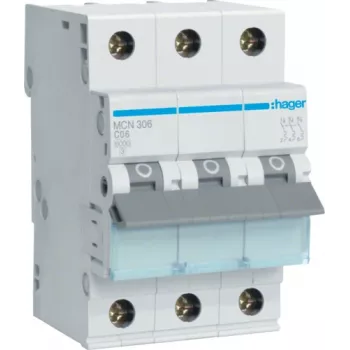Hager MCN306. Rated Current: 6 A. Type: C-type, Module Quantity (max): 3 Module(e). Width: 52,5 mm, Depth: 70 mm, Height: 83 mm (MCN306)