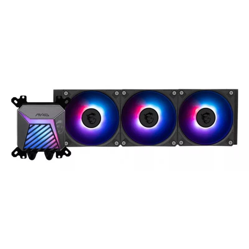 All-in-one liquid cooler MSI MAG Coreliquid A15 360 — 3x 120 mm fans, radiator 394 x 120 x 27 mm, pump 5V, RGB, supports LGA 1851