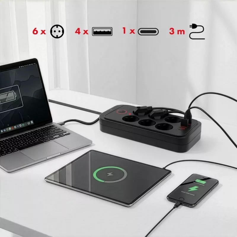 Power strip MACLEAN MCE391 B – 6 sockets, 4×USB-A + 1×USB-C, 110–240V, 2500W, 3 m cable, black