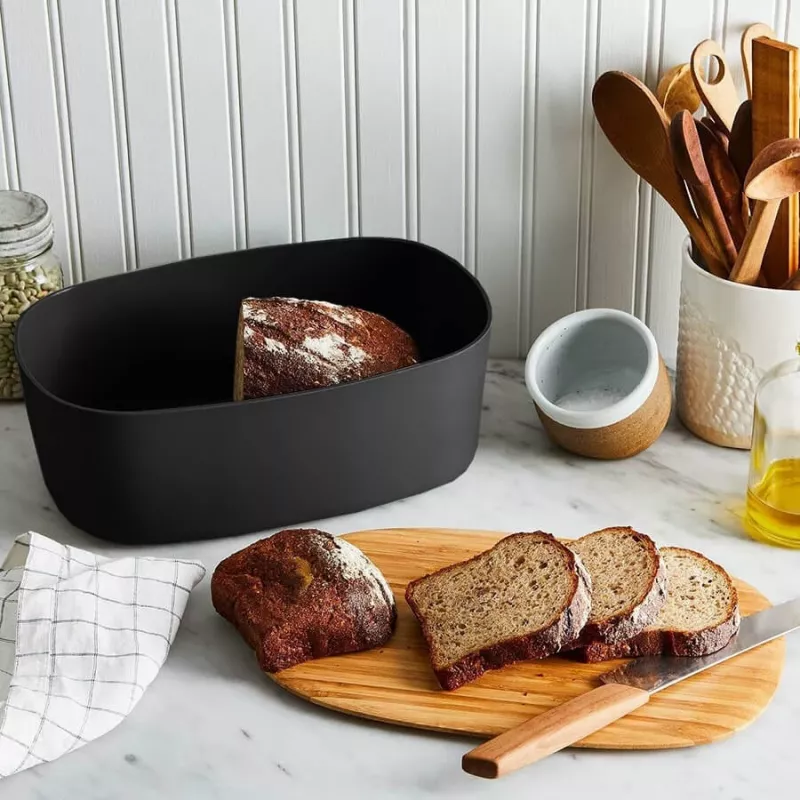 Breadbox Maestro MR-1776-BLACK countertop bread bin, plastic body with wooden lid, 345×235×130 mm