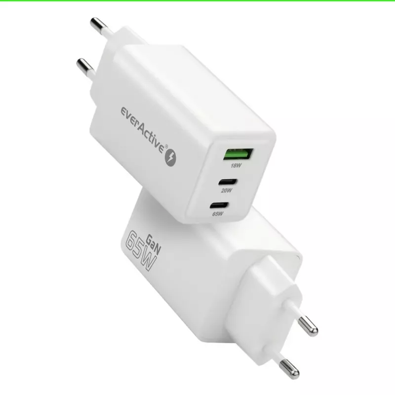 Power charger everActive SQ-655Q 65W, 1×USB-A + 2×USB-C fast charging