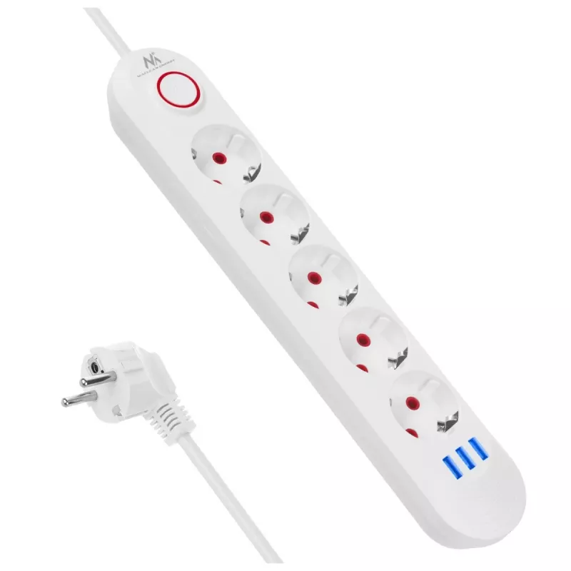 Power strip MACLEAN MCE395 W — 5 sockets, 3× USB A, 110–240 V AC, 2.1 A USB, max 2500 W, white, 1.5 m cable