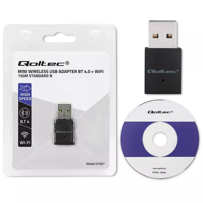 Wireless Mini USB Wi‑Fi Adapter QOLTEC 57007 — Single‑band 2.4 GHz, up to 150 Mbps, internal antenna