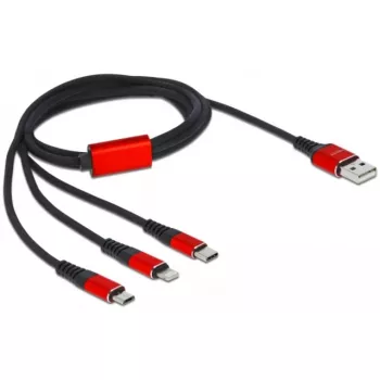 USB Charging Cable DeLOCK 3 in 1 Type-A to Lightning / 2 x USB Type-C 1 m black / red