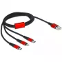 USB Charging Cable DeLOCK 3 in 1 Type-A to Lightning / 2 x USB Type-C 1 m black / red