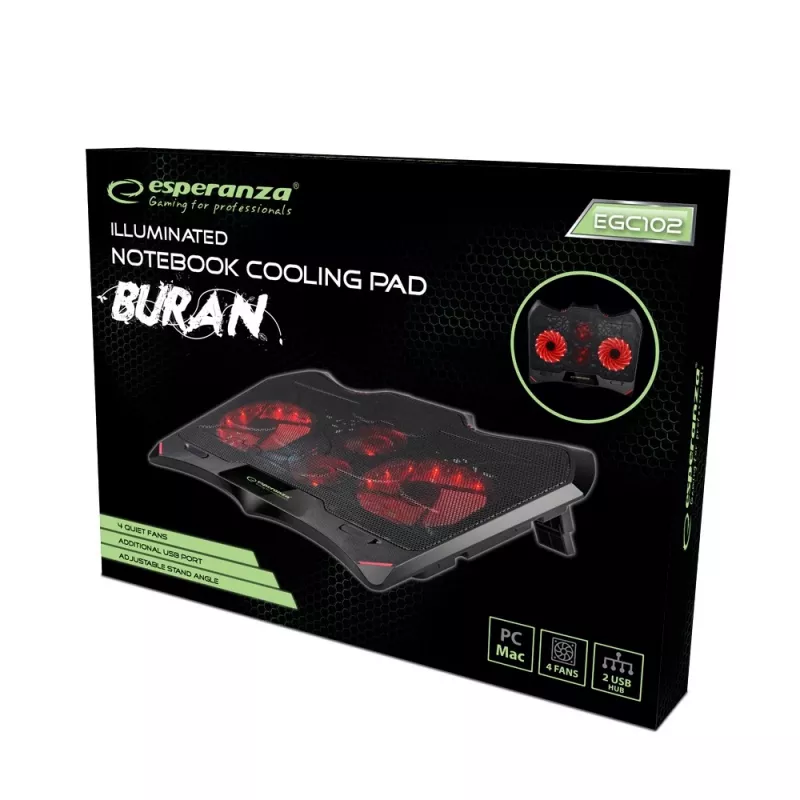 Cooling pad for laptop ESPERANZA EGC102 — 4 fans, USB-powered, 2 height positions, black, 415×305×27 mm